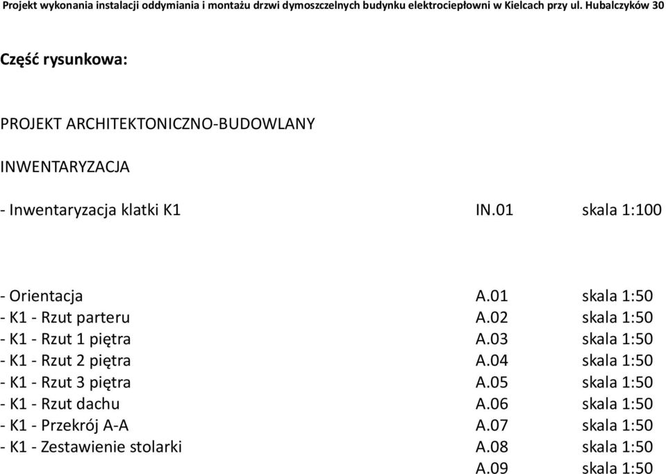 01 skala 1:100 - Orientacja A.01 skala 1:50 - K1 - Rzut parteru A.02 skala 1:50 - K1 - Rzut 1 piętra A.