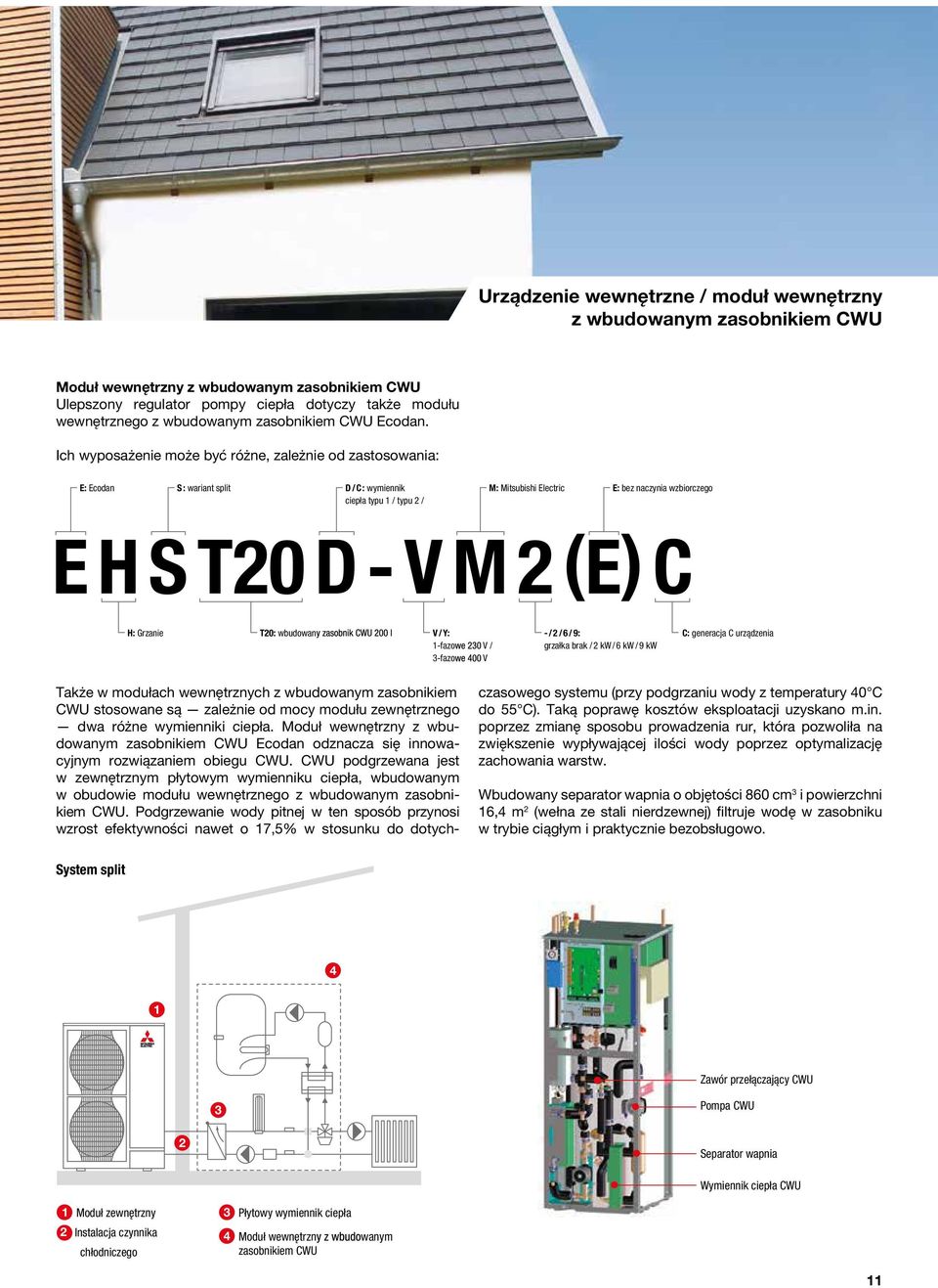 Ich wyposażenie może być różne, zależnie od zastosowania: E: Ecodan S : wariant split D / C : wymiennik M: Mitsubishi Electric E: bez naczynia wzbiorczego ciepła typu 1 / typu 2 / E H S T20 D - V M 2