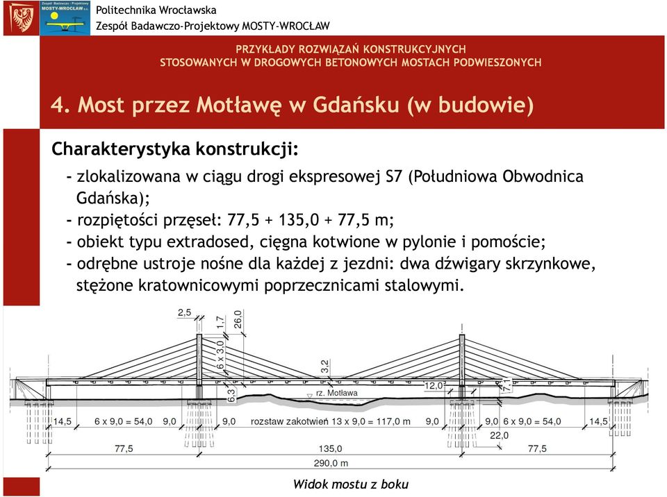 - obiekt typu extradosed, cięgna kotwione w pylonie i pomoście; - odrębne ustroje nośne dla każdej