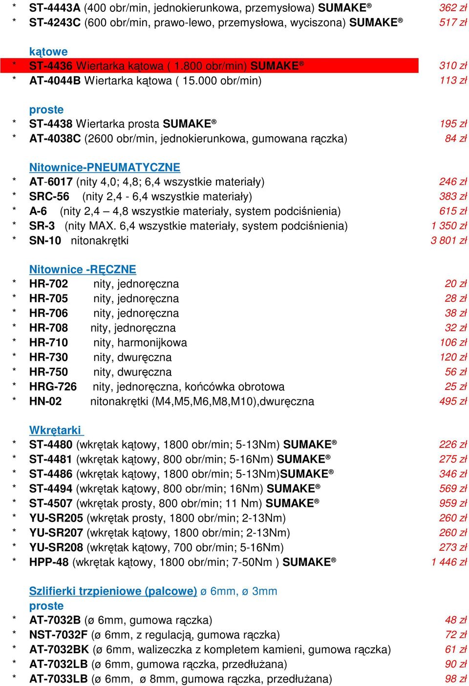 000 obr/min) 113 zł proste ST-4438 Wiertarka prosta SUMAKE 195 zł AT-4038C (2600 obr/min, jednokierunkowa, gumowana rączka) 84 zł Nitownice-PNEUMATYCZNE AT-6017 (nity 4,0; 4,8; 6,4 wszystkie