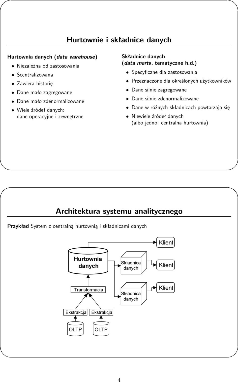 ł danych: dane operacyjne i zewnętrzne ³ Składnice danych (data marts, tematyczne h.d.) Specyficzne dla zastosowania Przeznaczone dla określonych użytkowników Dane silnie