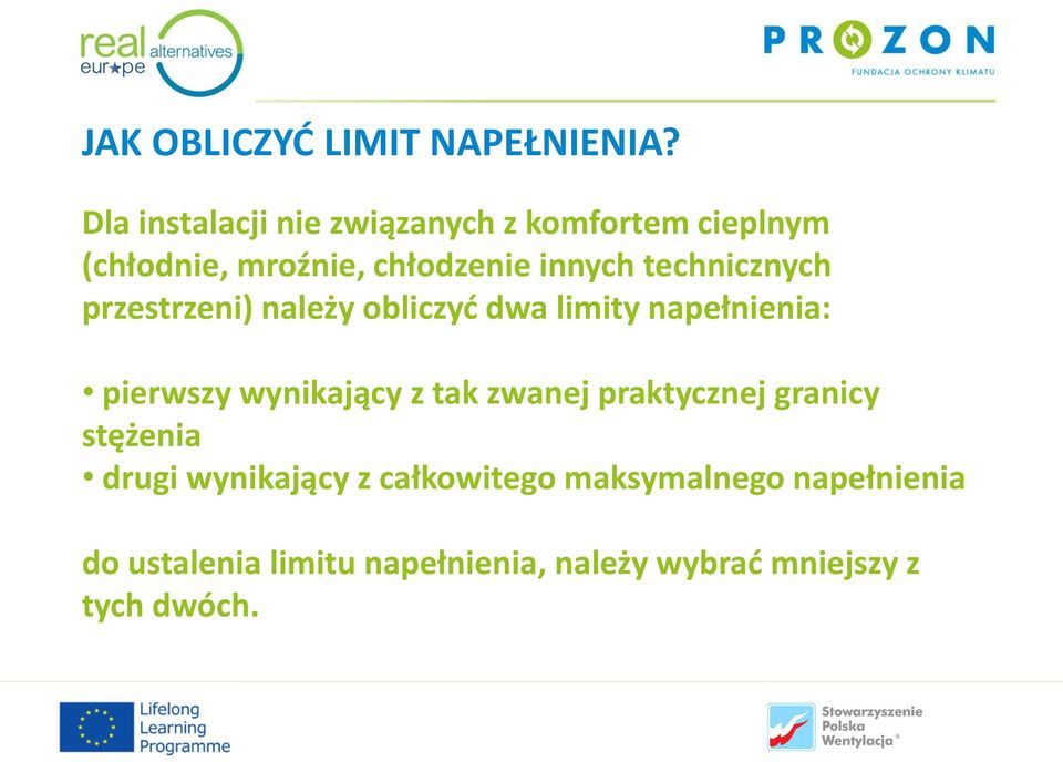 technicznych przestrzeni) należy obliczyć dwa limity napełnienia: pierwszy wynikający z tak