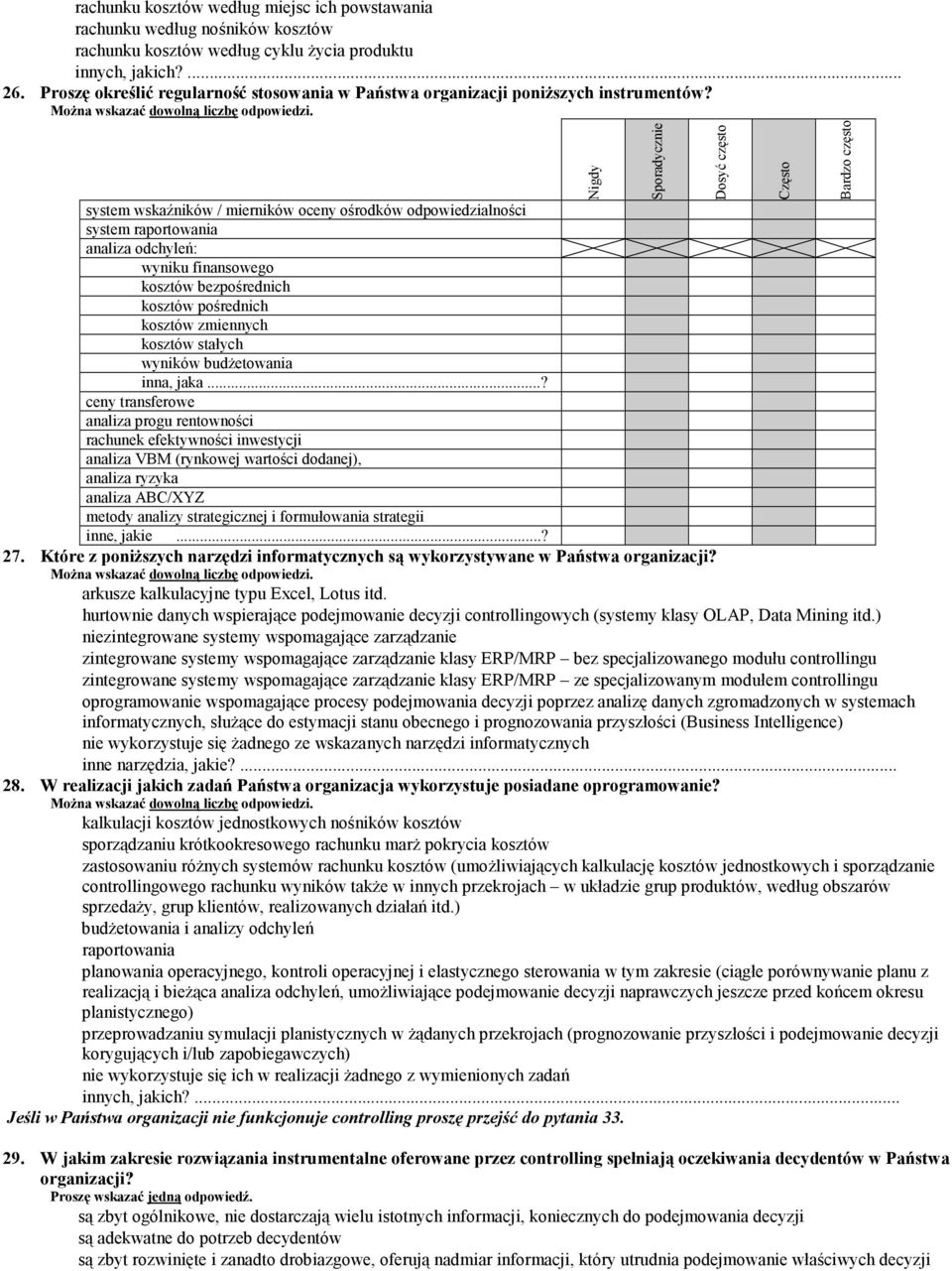 system wskaźników / mierników oceny ośrodków odpowiedzialności system raportowania analiza odchyleń: wyniku finansowego kosztów bezpośrednich kosztów pośrednich kosztów zmiennych kosztów stałych