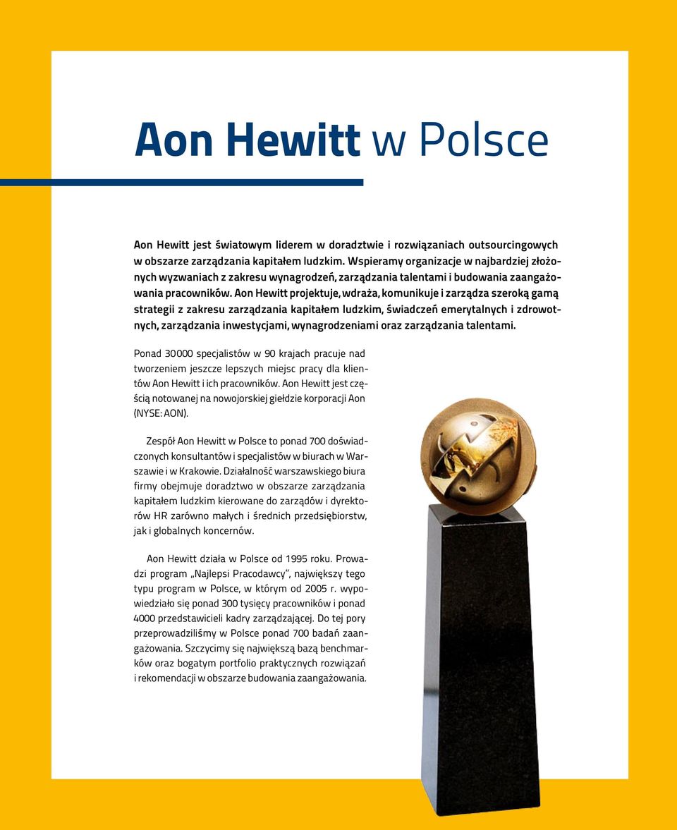 Aon Hewitt projektuje, wdraża, komunikuje i zarządza szeroką gamą strategii z zakresu zarządzania kapitałem ludzkim, świadczeń emerytalnych i zdrowotnych, zarządzania inwestycjami, wynagrodzeniami