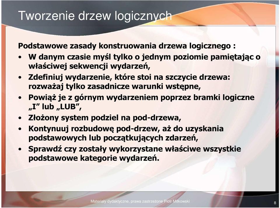 poprzez bramki logiczne I lub LUB, Złożony system podziel na pod-drzewa, Kontynuuj rozbudowę pod-drzew, aż do uzyskania podstawowych lub