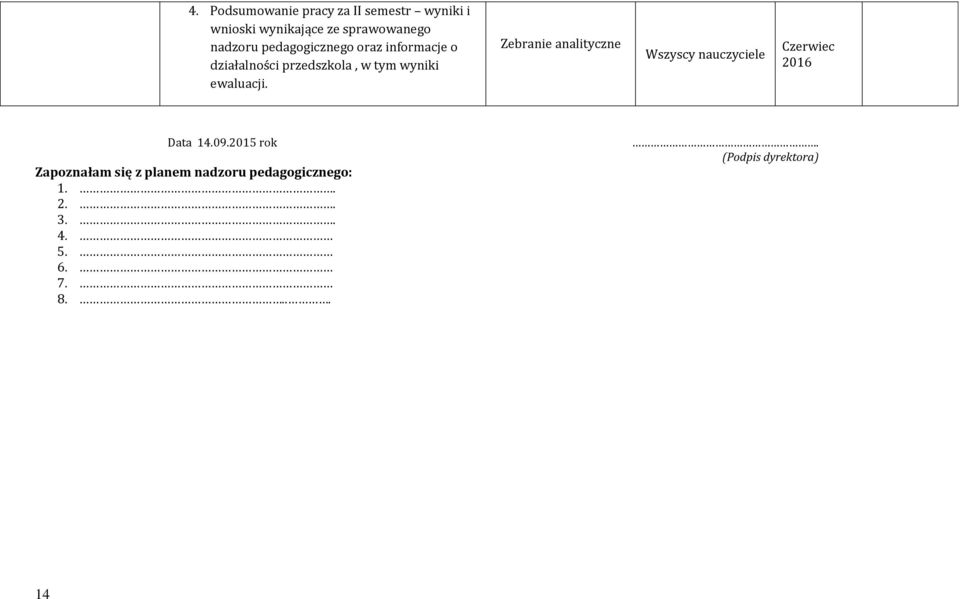 ewaluacji. Zebranie analityczne Wszyscy nauczyciele Czerwiec 2016 Data 14.09.