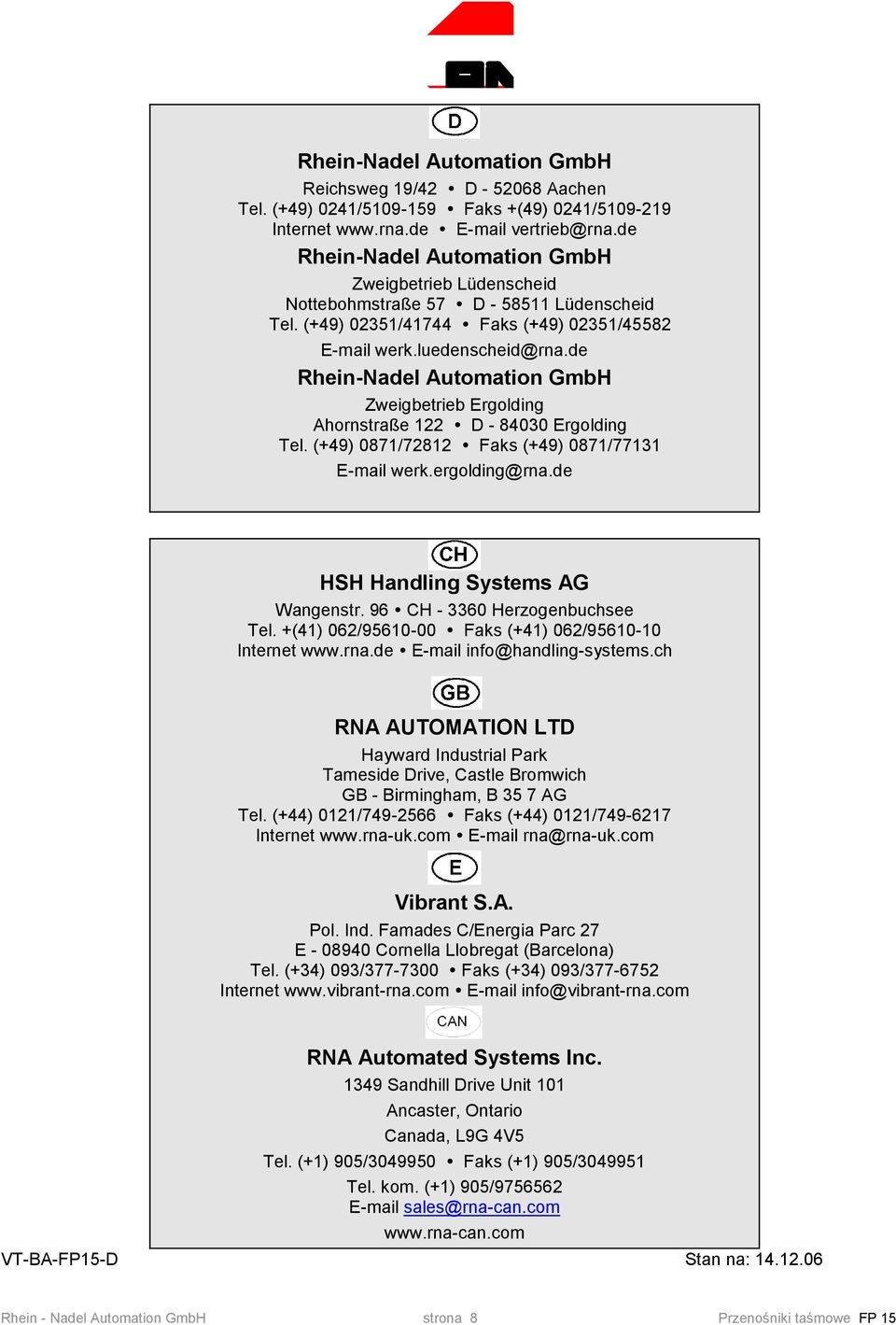 84030 Ergolding Tel (+49) 0871/72812 Faks (+49) 0871/77131 E-mail werkergolding@rnade HSH Handling Systems AG Wangenstr 96 CH - 3360 Herzogenbuchsee Tel +(41) 062/95610-00 Faks (+41) 062/95610-10