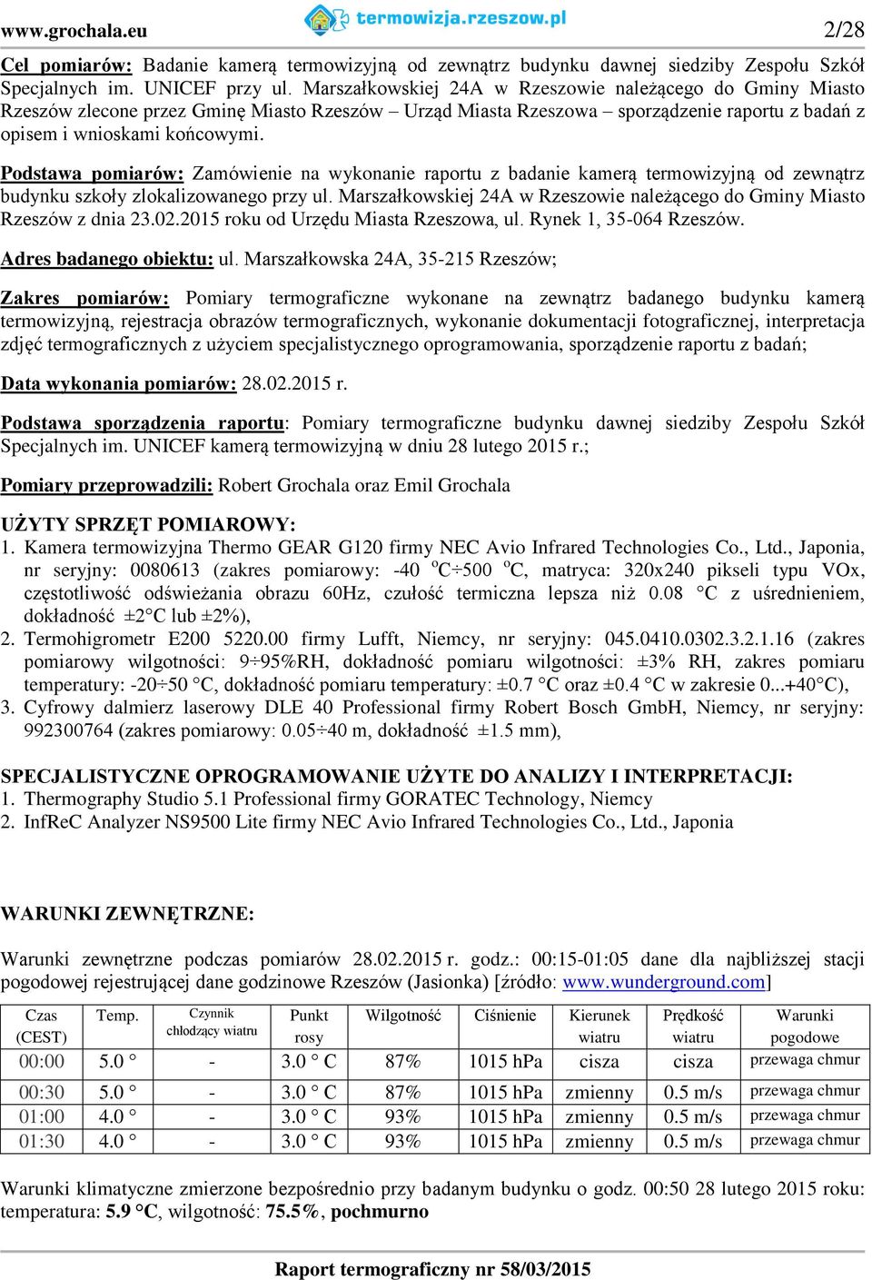 Podstawa pomiarów: Zamówienie na wykonanie raportu z badanie kamerą termowizyjną od zewnątrz budynku szkoły zlokalizowanego przy ul.