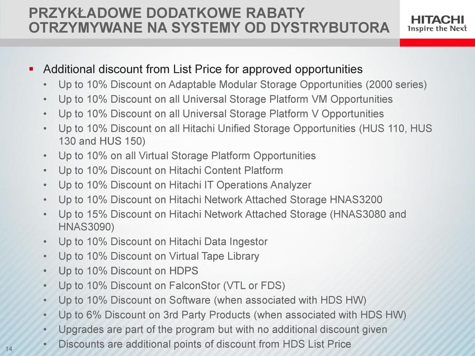 Storage Opportunities (HUS 110, HUS 130 and HUS 150) Up to 10% on all Virtual Storage Platform Opportunities Up to 10% Discount on Hitachi Content Platform Up to 10% Discount on Hitachi IT Operations