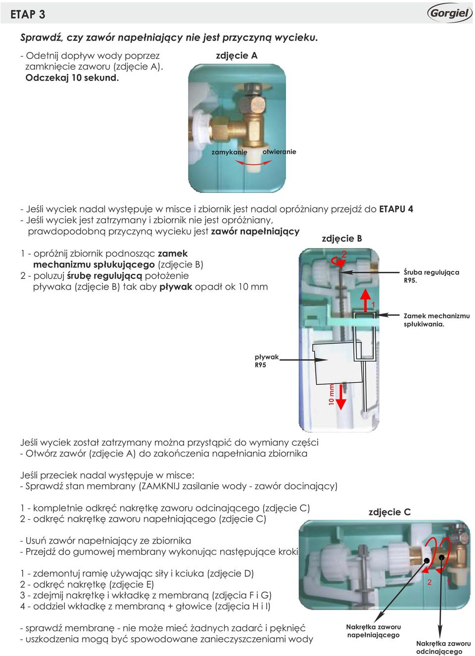 przyczyną wycieku jest zawór napełniający zdjęcie B 1 - opróżnij zbiornik podnosząc zamek mechanizmu spłukującego (zdjęcie B) 2 - poluzuj śrubę regulującą położenie pływaka (zdjęcie B) tak aby pływak