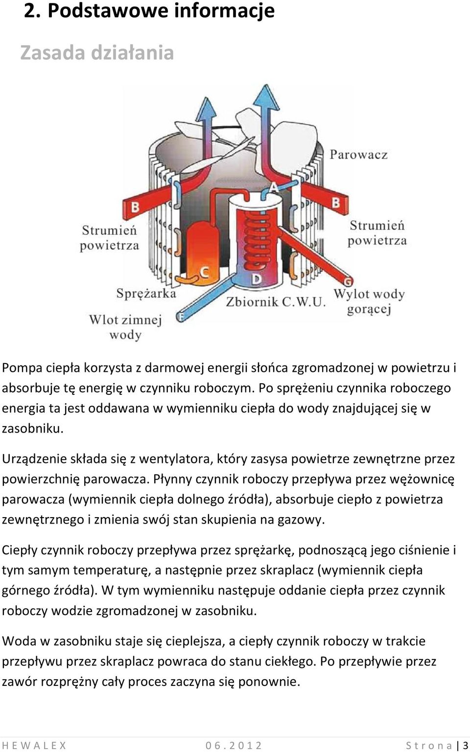 Urządzenie składa się z wentylatora, który zasysa powietrze zewnętrzne przez powierzchnię parowacza.
