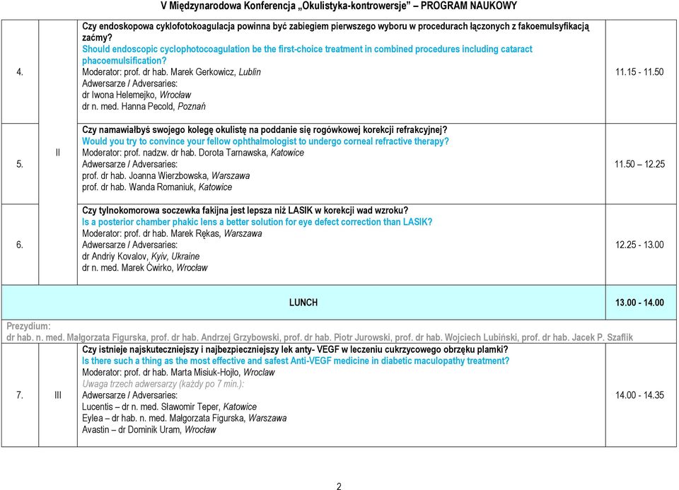Marek Gerkowicz, Lublin dr Iwona Helemejko, Wrocław dr n. med. Hanna Pecold, Poznań 11.15-11.50 5. II Czy namawiałbyś swojego kolegę okulistę na poddanie się rogówkowej korekcji refrakcyjnej?