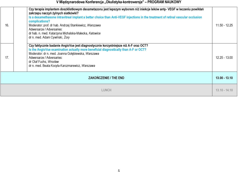 naczyń żylnych siatkówki? Is a dexamethasone intravitreal implant a better choice than Anti-VEGF injections in the treatment of retinal vascular occlusion complications? Moderator: prof. dr hab.