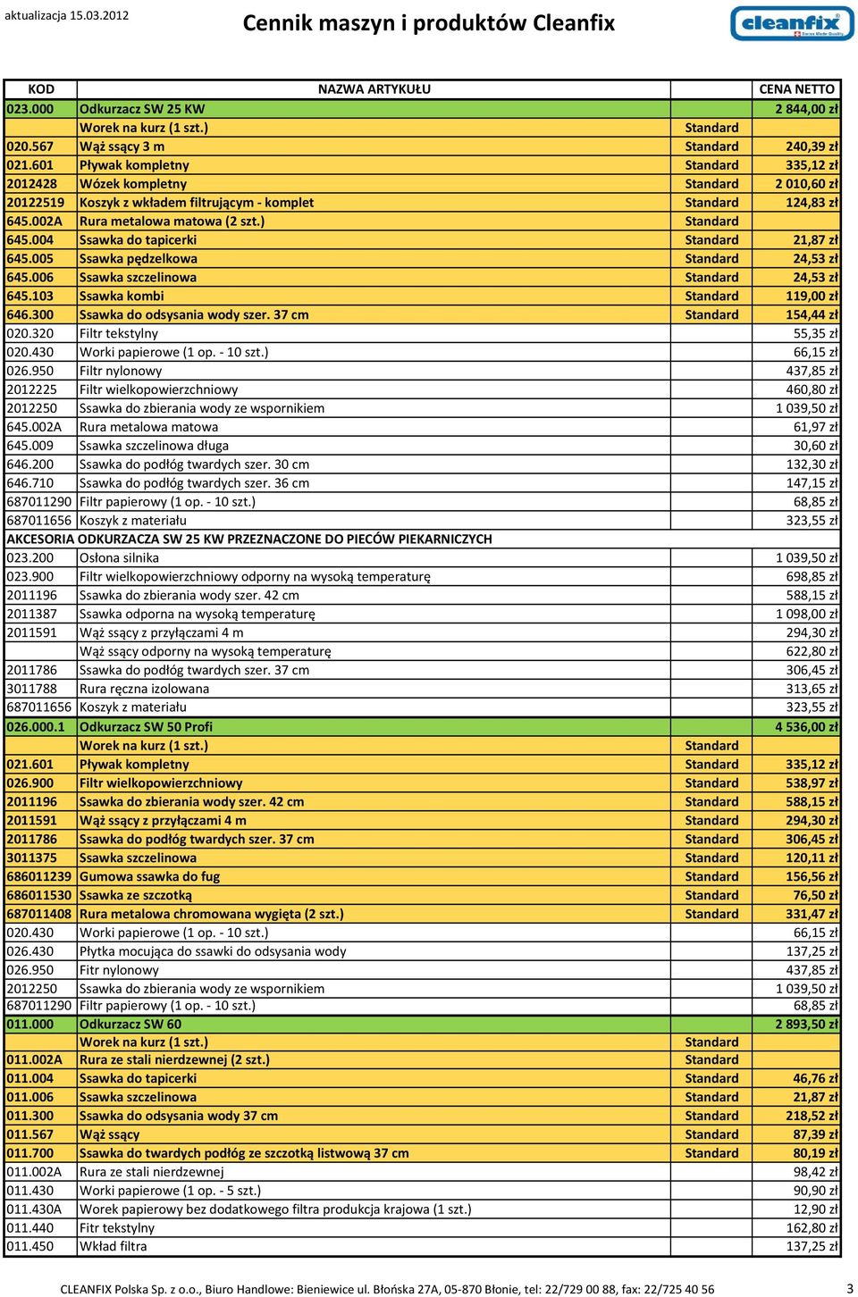 004 Ssawka do tapicerki 21,87 zł 645.005 Ssawka pędzelkowa 24,53 zł 645.006 Ssawka szczelinowa 24,53 zł 645.103 Ssawka kombi 119,00 zł 646.300 Ssawka do odsysania wody szer. 37 cm 154,44 zł 020.