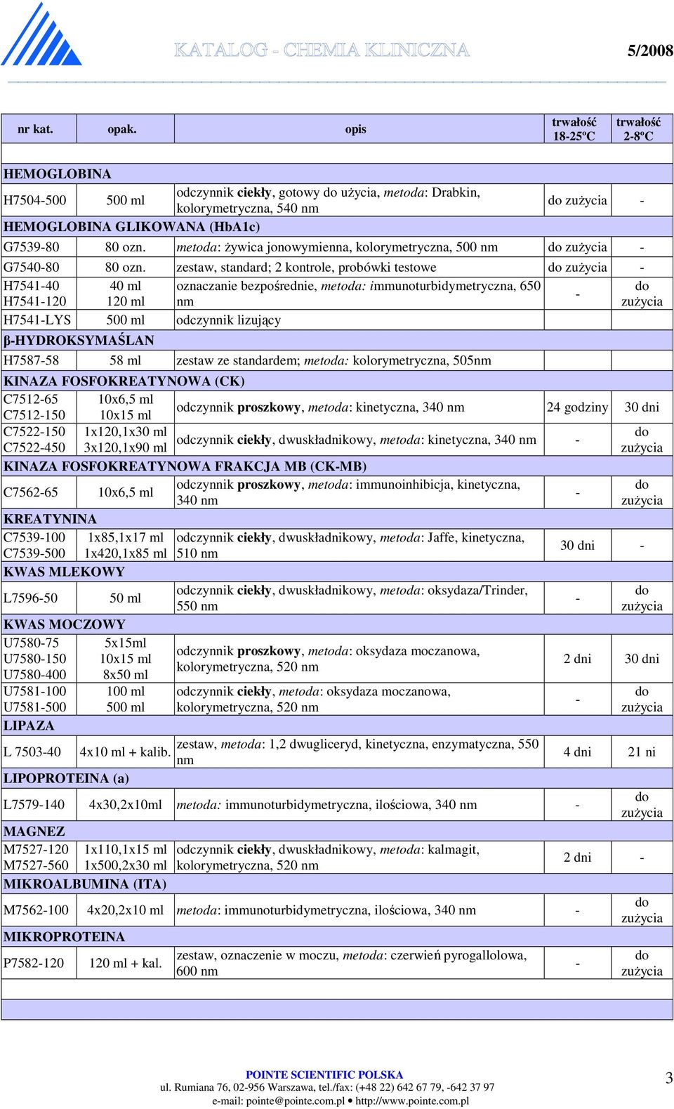 zestaw ze standardem; metoda: kolorymetryczna, 505nm KINAZA FOSFOKREATYNOWA (CK) C751265 10x6,5 ml C7512150 odczynnik proszkowy, metoda: kinetyczna, 340 nm 24 godziny 30 dni C7522150 1x120,1x30 ml