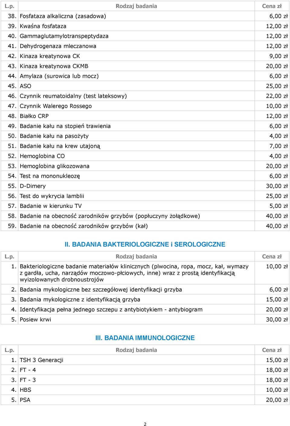 Białko CRP 12,00 zł 49. Badanie kału na stopień trawienia 6,00 zł 50. Badanie kału na pasożyty 4,00 zł 51. Badanie kału na krew utajoną 7,00 zł 52. Hemoglobina CO 4,00 zł 53.