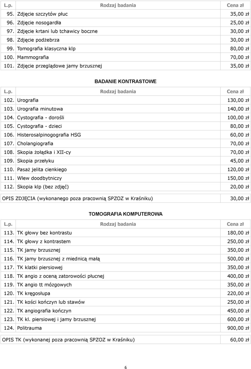 Cystografia - dzieci 80,00 zł 106. Histerosalpinogografia HSG 60,00 zł 107. Cholangiografia 70,00 zł 108. Skopia żołądka i XII-cy 70,00 zł 109. Skopia przełyku 45,00 zł 110.