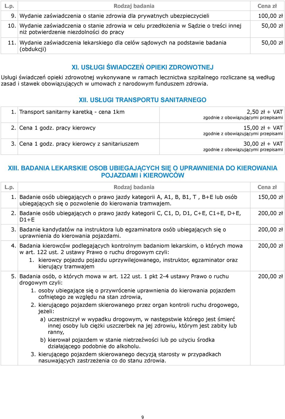 Wydanie zaświadczenia lekarskiego dla celów sądowych na podstawie badania (obdukcji) 50,00 zł 50,00 zł XI.