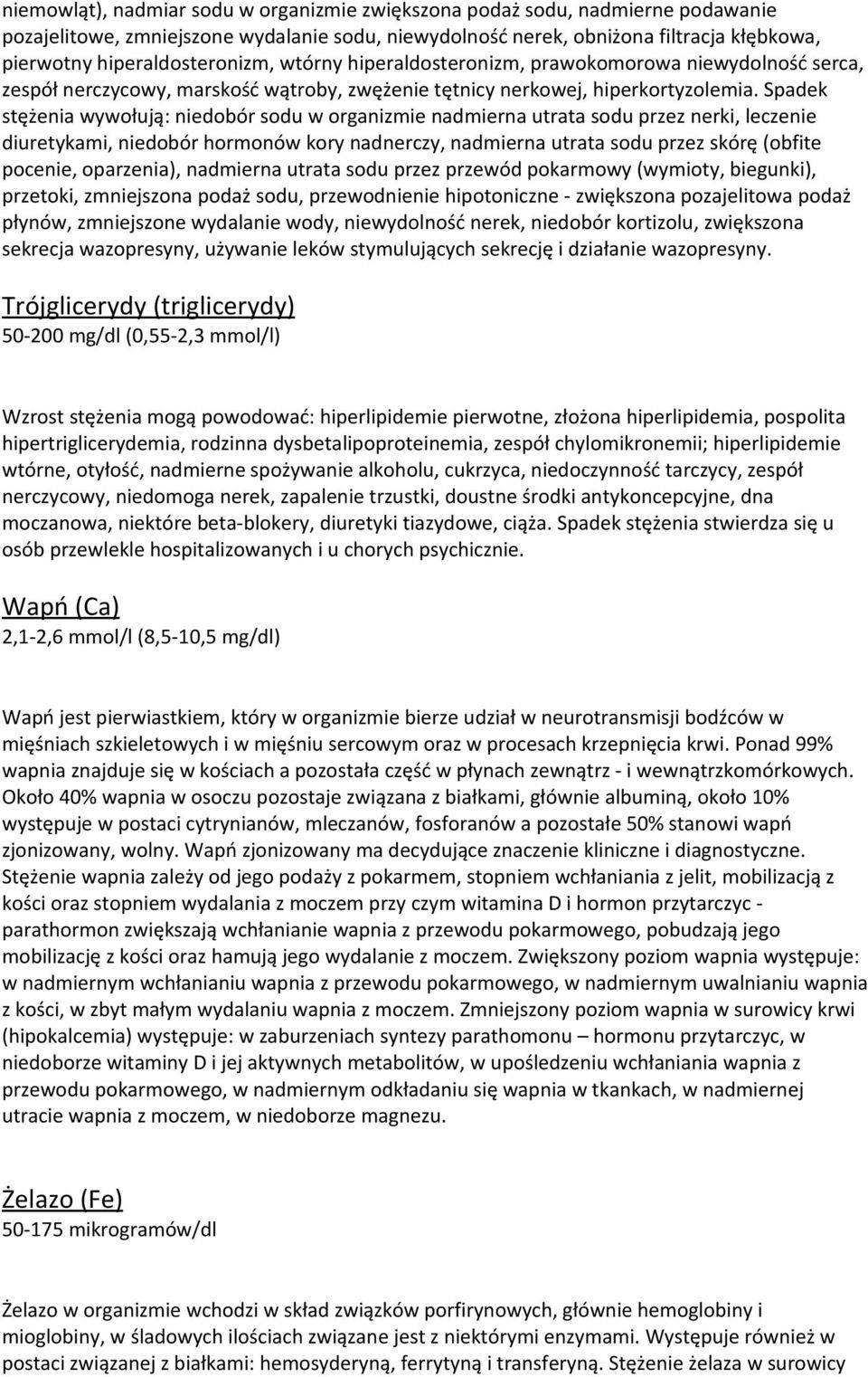 Spadek stężenia wywołują: niedobór sodu w organizmie nadmierna utrata sodu przez nerki, leczenie diuretykami, niedobór hormonów kory nadnerczy, nadmierna utrata sodu przez skórę (obfite pocenie,