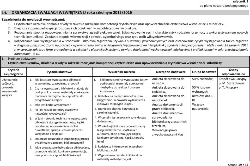 Diagnoza stopnia partycypacji rodziców i ich oczekiwań w współdecydowaniu o szkole. 3. Rozpoznanie stopnia rozpowszechniania sprawstwa agresji elektronicznej.