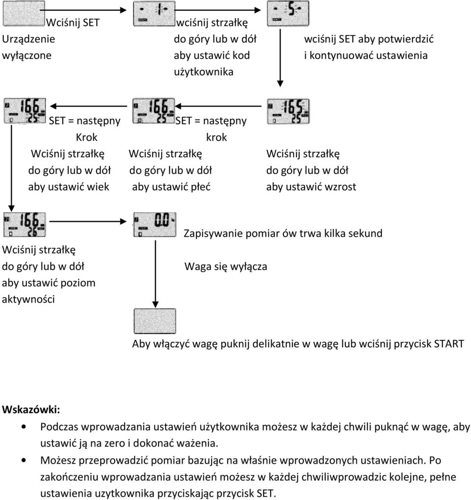 poziom aktywności Zapisywanie pomiar ów trwa kilka sekund Waga się wyłącza Aby włączyć wagę puknij delikatnie w wagę lub wciśnij przycisk START Wskazówki: Podczas wprowadzania ustawień użytkownika