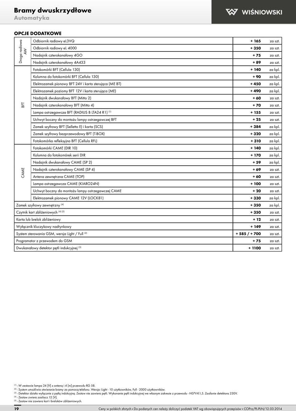 Elektrozamek pionowy BFT 24V i karta sterująca (ME BT) + 450 za kpl. Elektrozamek poziomy BFT 12V i karta sterująca (ME) + 490 za kpl. Nadajnik dwukanałowy BFT (Mitto 2) + 60 za szt.