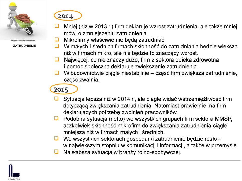 Najwięcej, co nie znaczy dużo, firm z sektora opieka zdrowotna i pomoc społeczna deklaruje zwiększenie zatrudnienia. W budownictwie ciągle niestabilnie część firm zwiększa zatrudnienie, część zwalnia.