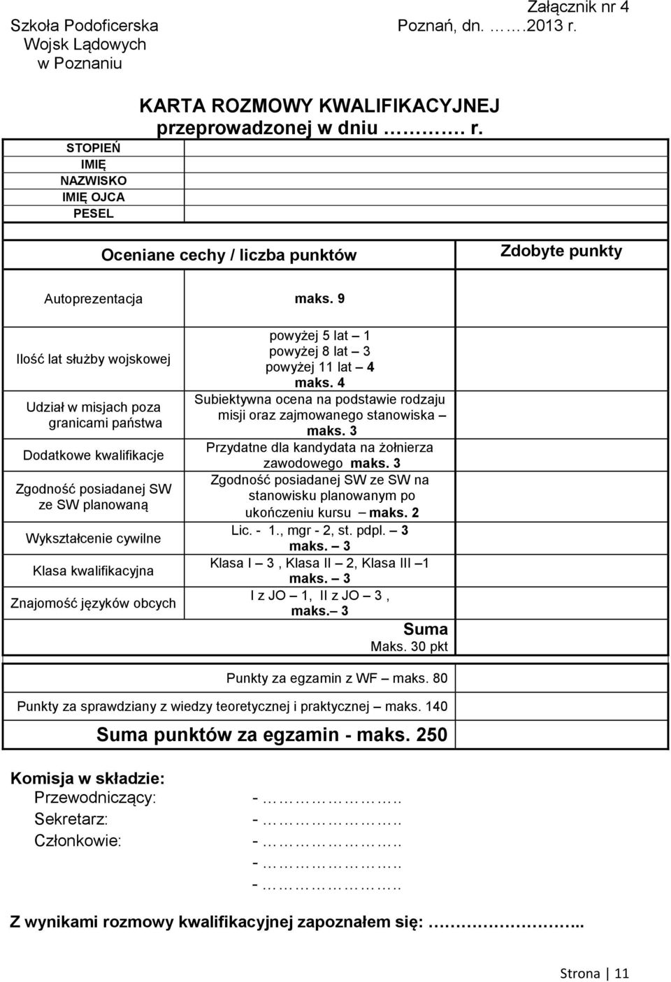 powyżej 5 lat 1 powyżej 8 lat 3 powyżej 11 lat 4 maks. 4 Subiektywna ocena na podstawie rodzaju misji oraz zajmowanego stanowiska maks. 3 Przydatne dla kandydata na żołnierza zawodowego maks.