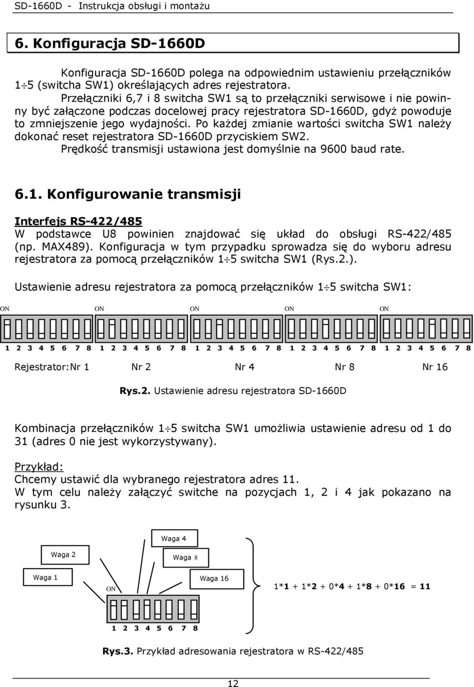 Po kaŝdej zmianie wartości switcha SW1 naleŝy dokonać reset rejestratora SD-1660D przyciskiem SW2. Prędkość transmisji ustawiona jest domyślnie na 9600 baud rate. 6.1. Konfigurowanie transmisji Interfejs RS-422/485 W podstawce U8 powinien znajdować się układ do obsługi RS-422/485 (np.
