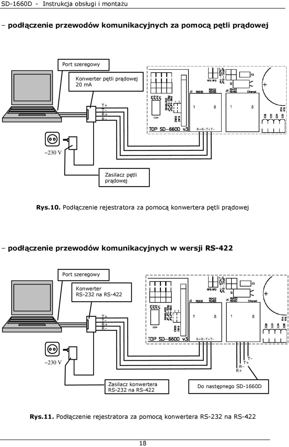 Podłączenie rejestratora za pomocą konwertera pętli prądowej podłączenie przewodów komunikacyjnych w wersji RS-422 Port