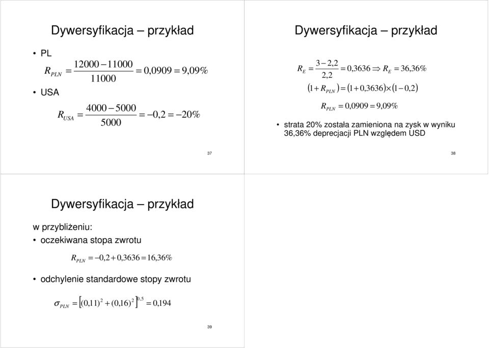 została zamieniona na zysk w wyniku 36,36% deprecjacji PLN względem USD 37 38 Dywersyfikacja przykład w przybliżeniu: