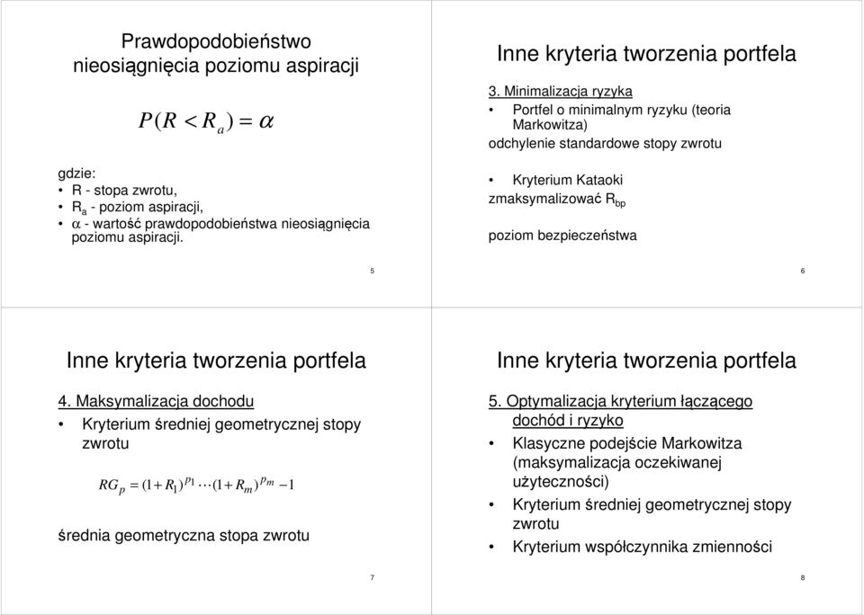 Minimalizacja ryzyka Portfel o minimalnym ryzyku (teoria Markowitza) odchylenie standardowe stopy zwrotu Kryterium Kataoki zmaksymalizować R bp poziom bezpieczeństwa 5 6 Inne kryteria tworzenia