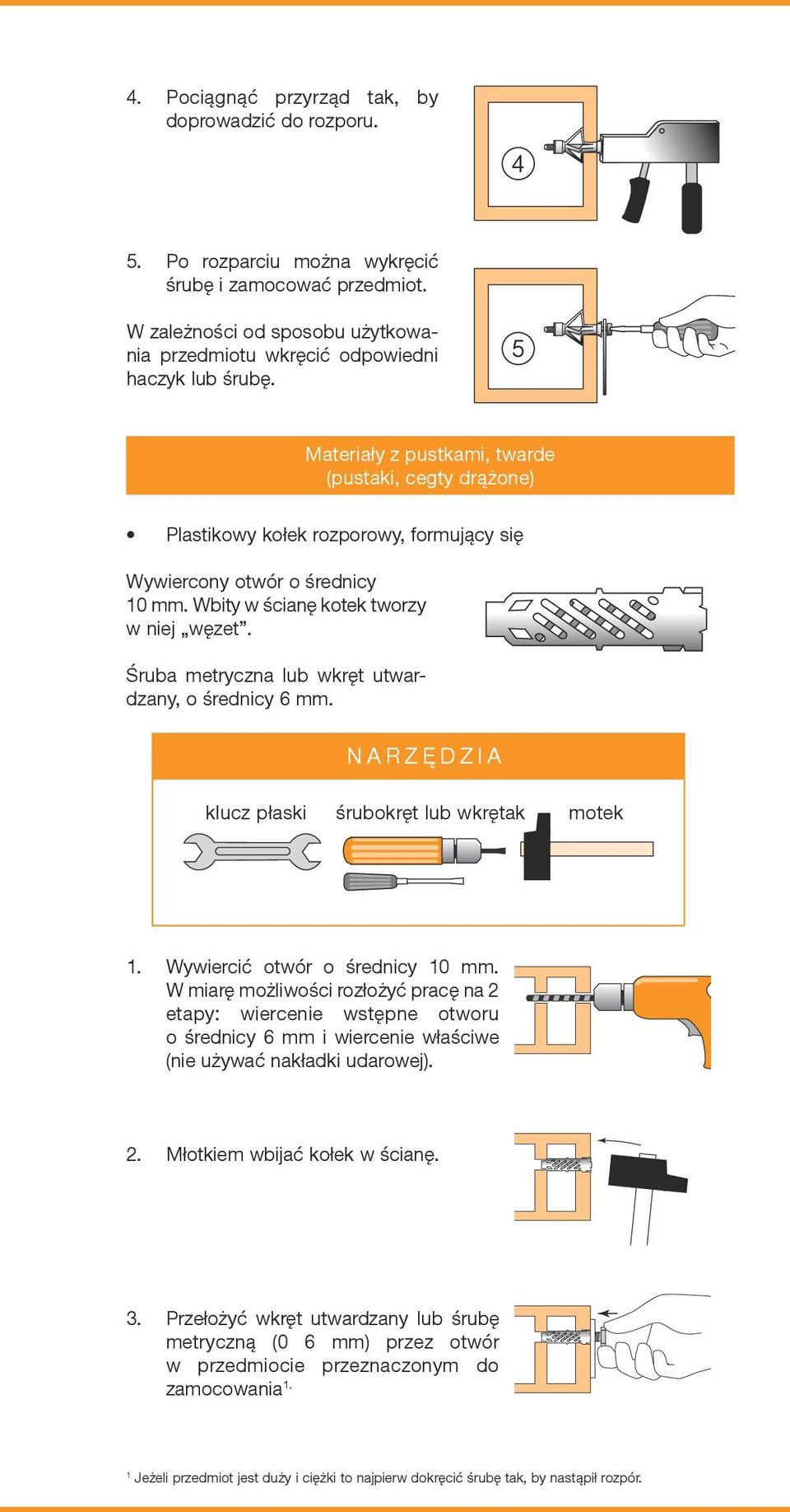 Śruba metryczna lub wkręt utwardzany, o średnicy 6 mm. NARZĘDZIA klucz płaski śrubokręt lub wkrętak motek. Wywiercić otwór o średnicy 0 mm.