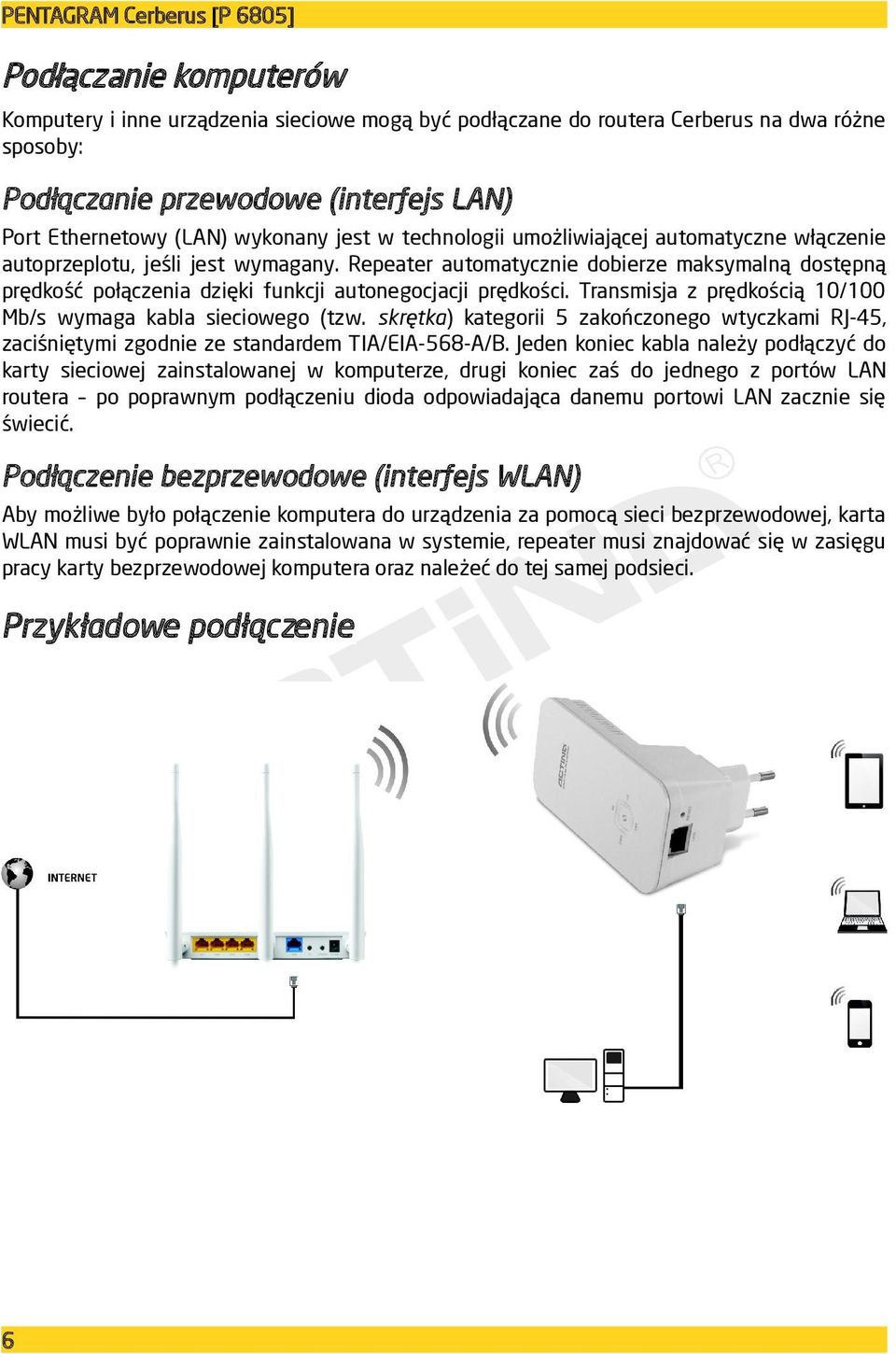 Transmisja z prędkością 10/100 Mb/s wymaga kabla sieciowego (tzw. skrętka) kategorii 5 zakończonego wtyczkami RJ-45, zaciśniętymi zgodnie ze standardem TIA/EIA-568-A/B.