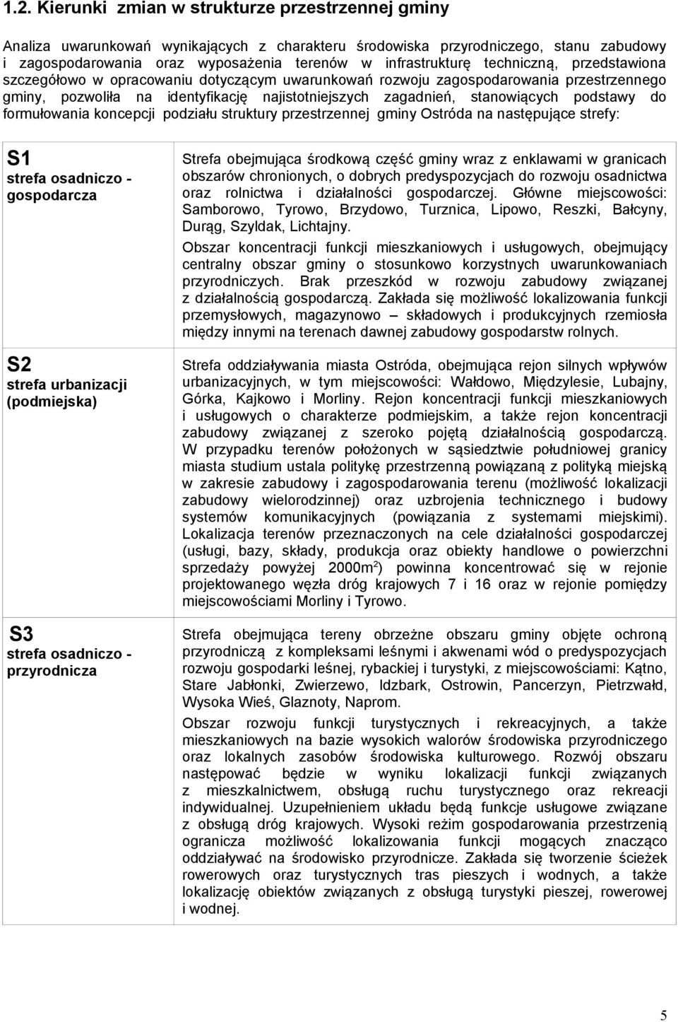 stanowiących podstawy do formułowania koncepcji podziału struktury przestrzennej gminy Ostróda na następujące strefy: S1 strefa osadniczo - gospodarcza S2 strefa urbanizacji (podmiejska) S3 strefa
