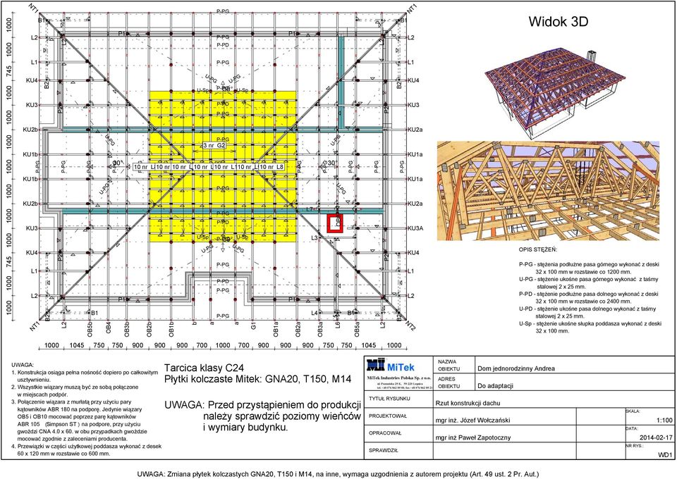 STĘŻEŃ: P- PG- st ężeni a podł użne pasa górnego wykonać z deski 32 x 100 mm w rozst awi e co 1200 mm. U- PG- st ężeni e ukośne pasa górnego wykonać z t aś my st al owej 2 x 25 mm.