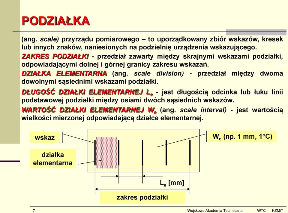 scale division) - przedział między dwoma dowolnymi sąsiednimi wskazami podziałki.