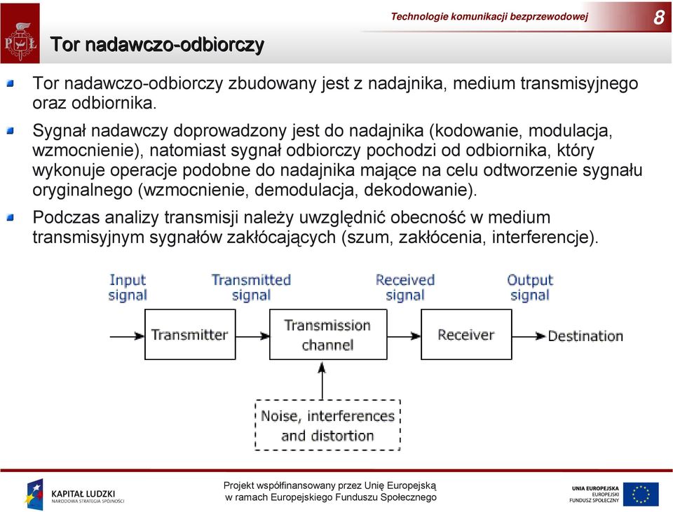 Sygnał nadawczy doprowadzony jest do nadajnika (kodowanie, modulacja, wzmocnienie), natomiast sygnał odbiorczy pochodzi od odbiornika,