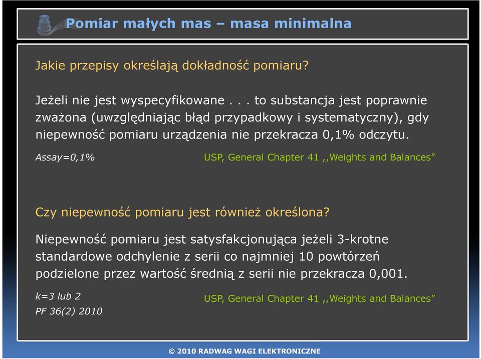 Assay=0,1% USP, General Chapter 41,,Weights and Balances Czy niepewność pomiaru jest również określona?