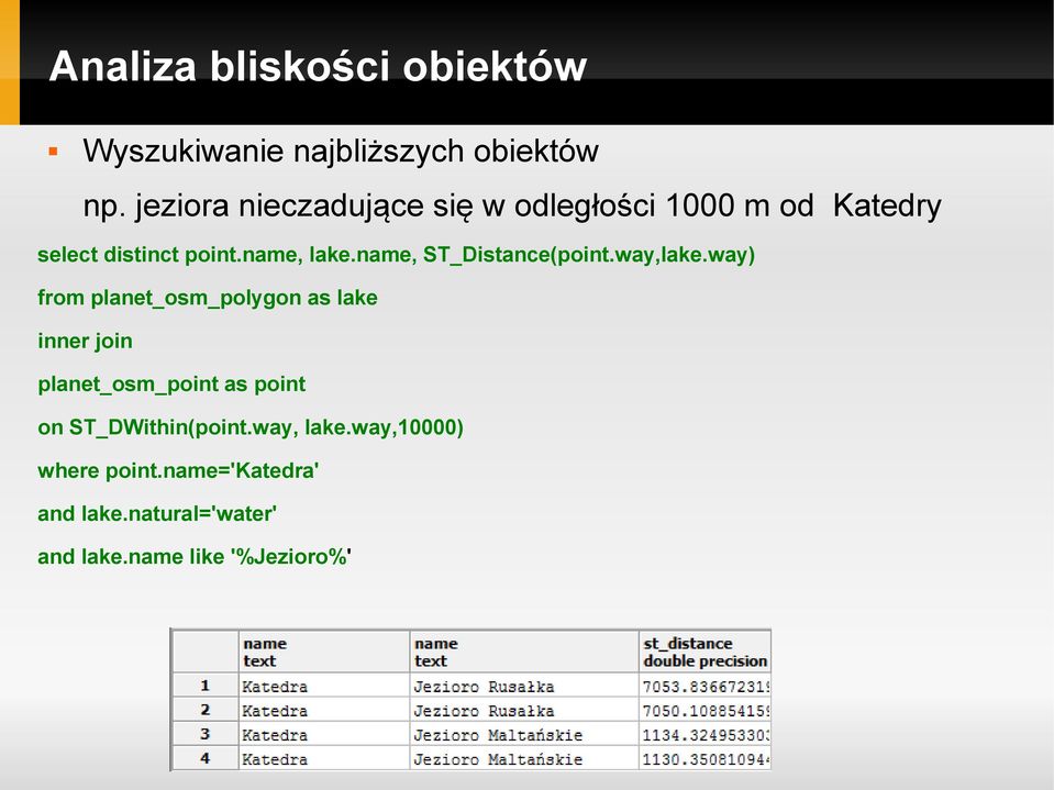 name, ST_Distance(point.way,lake.