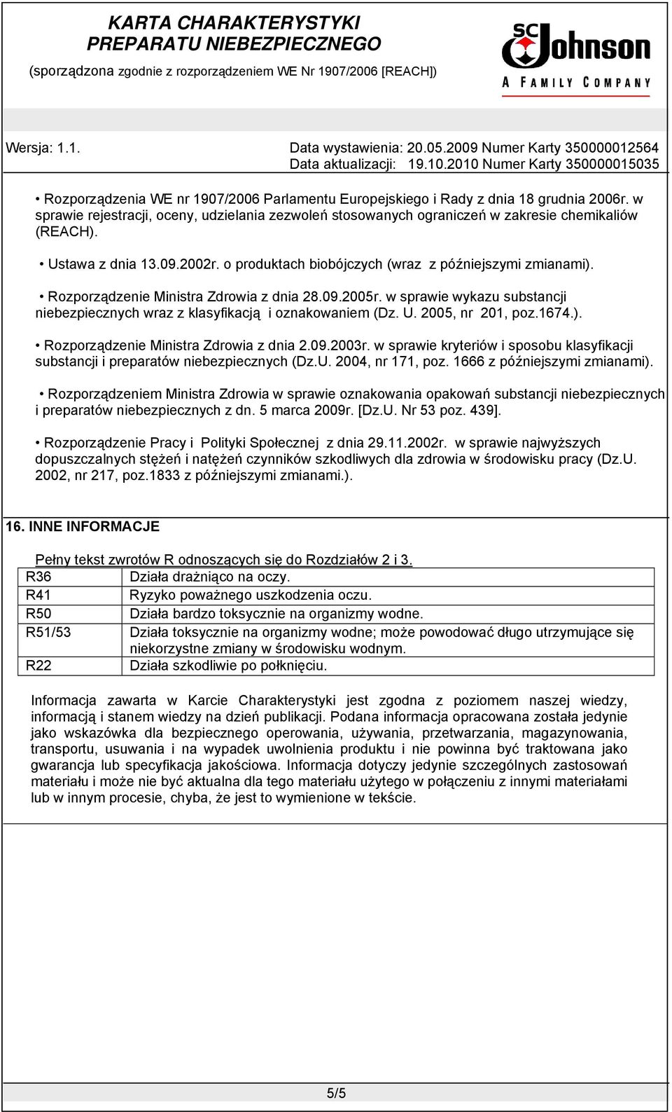 w sprawie wykazu substancji niebezpiecznych wraz z klasyfikacją i oznakowaniem (Dz. U. 2005, nr 201, poz.1674.). Rozporządzenie Ministra Zdrowia z dnia 2.09.2003r.