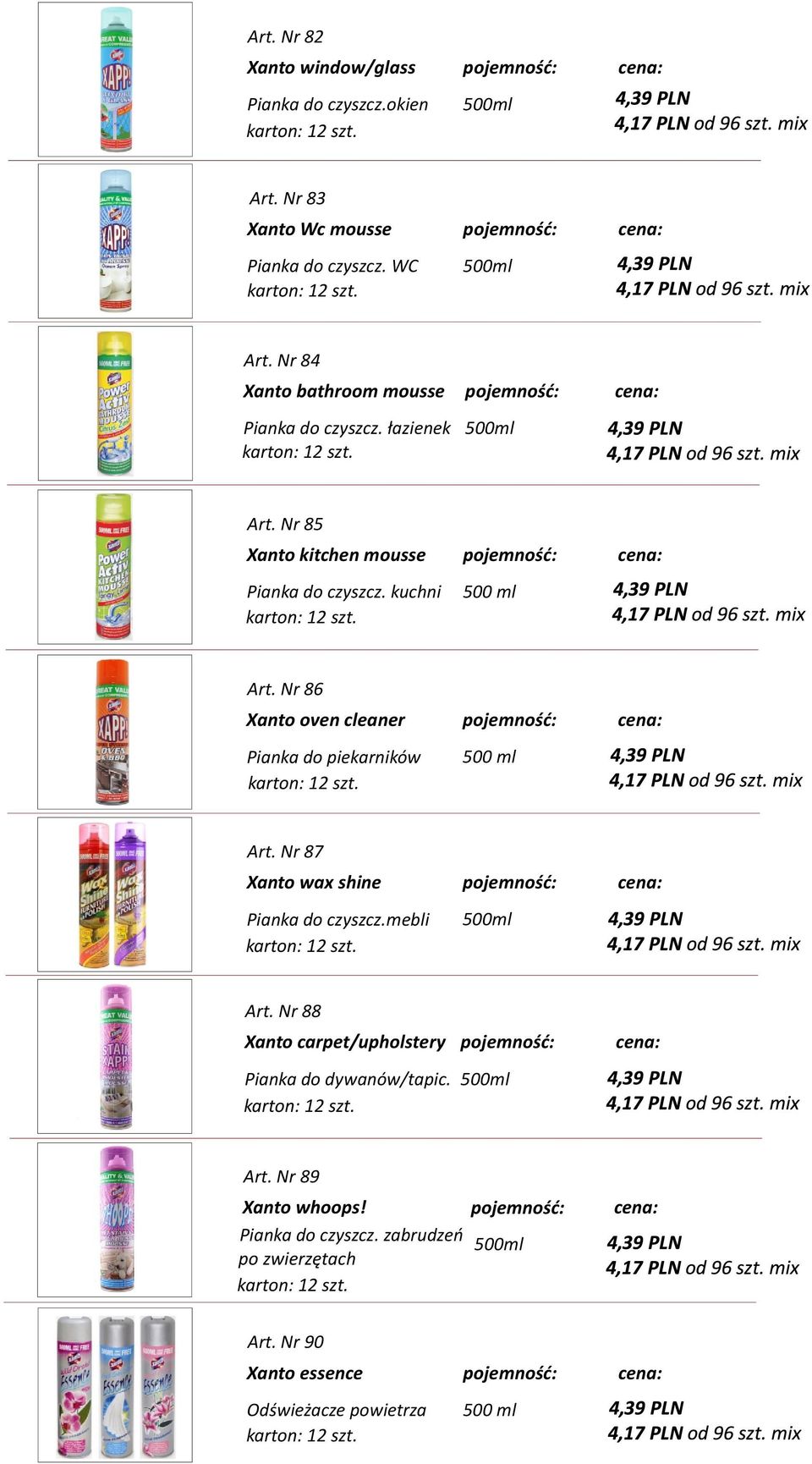 Nr 86 Xanto oven cleaner Pianka do piekarników 500 ml Art. Nr 87 Xanto wax shine Pianka do czyszcz.mebli 500ml Art.