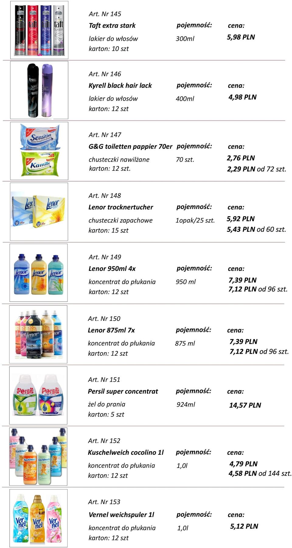 Art. Nr 149 Lenor 950ml 4x koncentrat do płukania 950 ml Art. Nr 150 Lenor 875ml 7x koncentrat do płukania 875 ml Art.