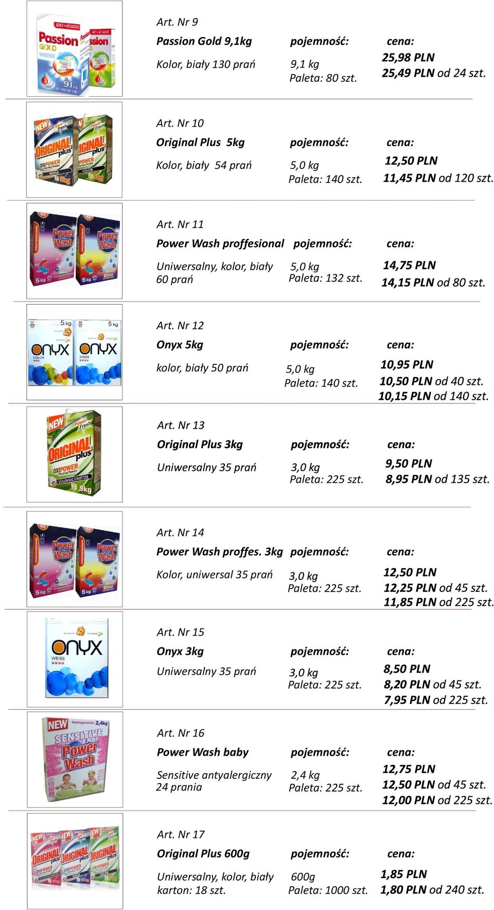 Nr 11 Power Wash proffesional Uniwersalny, kolor, biały 60 prań 5,0 kg Paleta: 132 szt. Art. Nr 12 Onyx 5kg kolor, biały 50 prań 5,0 kg Paleta: 140 szt.