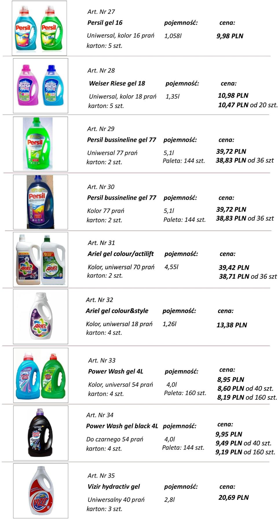 5,1l Paleta: 144 szt. karton: 2 szt. karton: 4 szt. Art. Nr 33 Power Wash gel 4L Kolor, universal 54 prań karton: 4 szt. 4,0l Paleta: 160 szt. Art. Nr 34 Power Wash gel black 4L Do czarnego 54 prań karton: 4 szt.