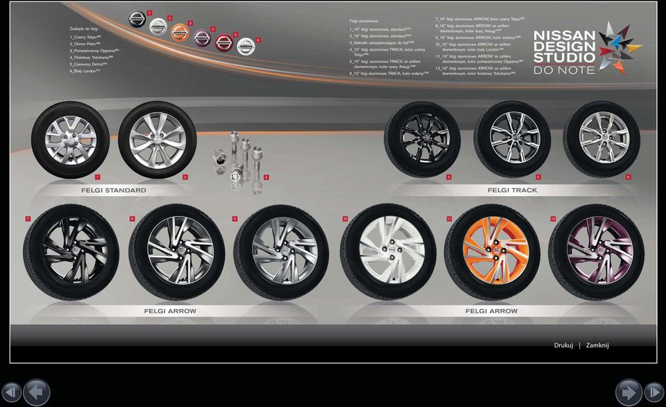 aluminiowe TRACK, kolor srebrny () 7_" felgi aluminiowe ARROW, kolor czarny Tokyo () 8_" felgi aluminiowe ARROW ze szlifem diamentowym, kolor szary Atsugi (07) 9_" felgi aluminiowe ARROW, kolor