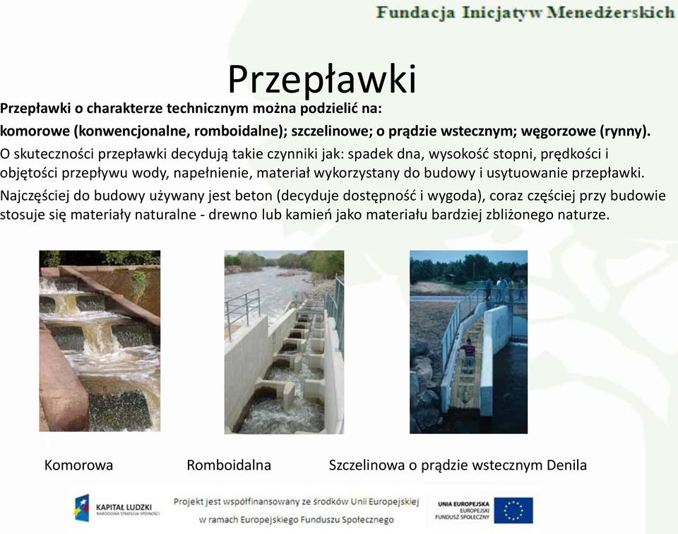 O skuteczności przepławki decydują takie czynniki jak: spadek dna, wysokośd stopni, prędkości i objętości przepływu wody, napełnienie, materiał