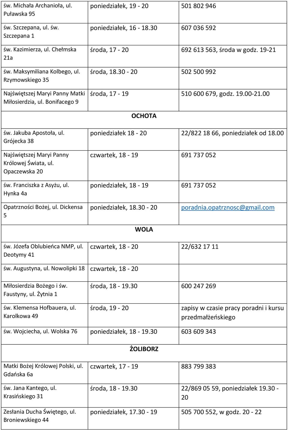 19-21 środa, 18.30-20 502 500 992 510 600 679, godz. 19.00-21.00 OCHOTA św. Jakuba Apostoła, ul. Grójecka 38 Najświętszej Maryi Panny Królowej Świata, ul. Opaczewska 20 św. Franciszka z Asyżu, ul.