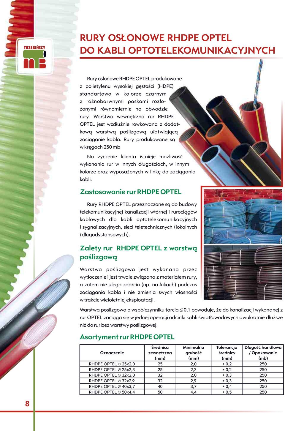 Rury produkowane s¹ w krêgach 250 mb Na yczenie klienta istnieje mo liwoœæ wykonania rur w innych d³ugoœciach, w innym kolorze oraz wyposa onych w linkê do zaci¹gania kabli.