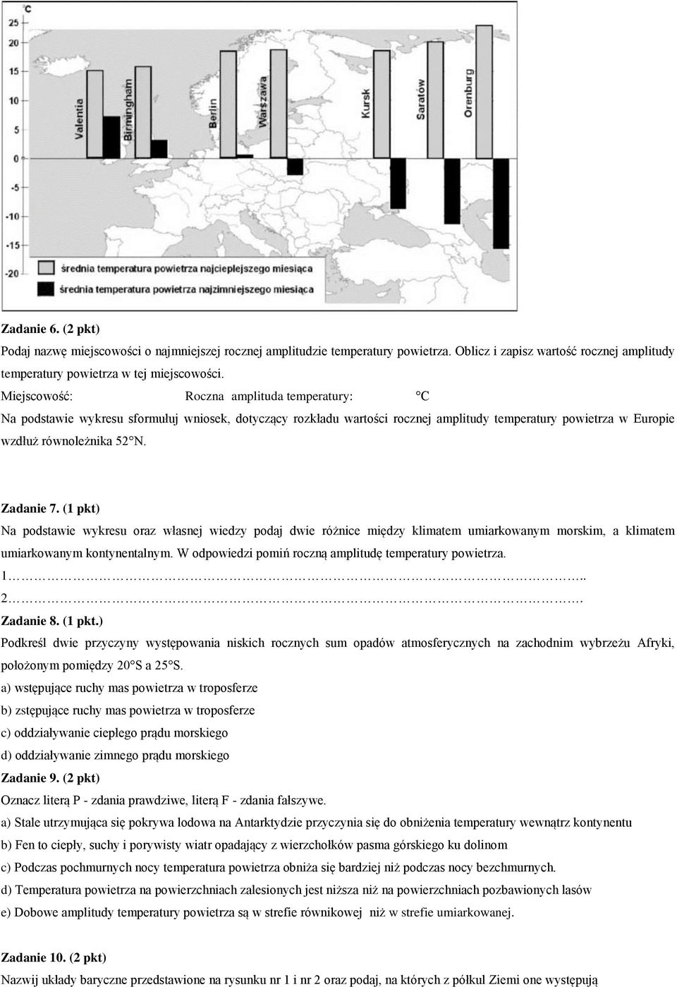 (1 pkt) Na podstawie wykresu oraz własnej wiedzy podaj dwie różnice między klimatem umiarkowanym morskim, a klimatem umiarkowanym kontynentalnym.